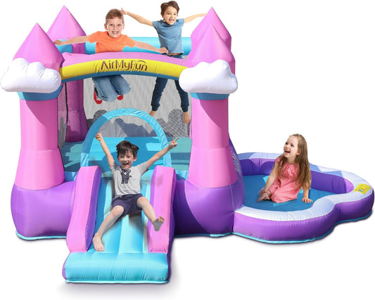 AirMyFun Pink Indoor/Outdoor Inflatable Bounce House for Kids 3-8 - Bouncy Castle with Slide, Blower, Water Pool & Ball Pit