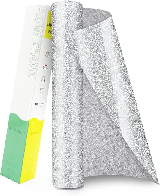 ASIMEROD Silver Glitter Heat Transfer Vinyl Rolls- 12" x 10ft. Silver Glitter Iron on Vinyl for DIY T-Shirts, Glitter for All Cutters, Heat Transfer Vinyl