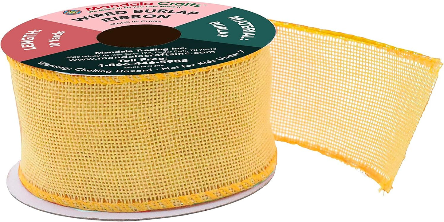 Mandala Crafts Yellow Burlap Wired Ribbon 2 Inches Wide Jute Ribbons for Crafts - 10 Yds Roll Rustic Burlap Wrap Trim Ribbons for Wreaths Bows Party Decoration
