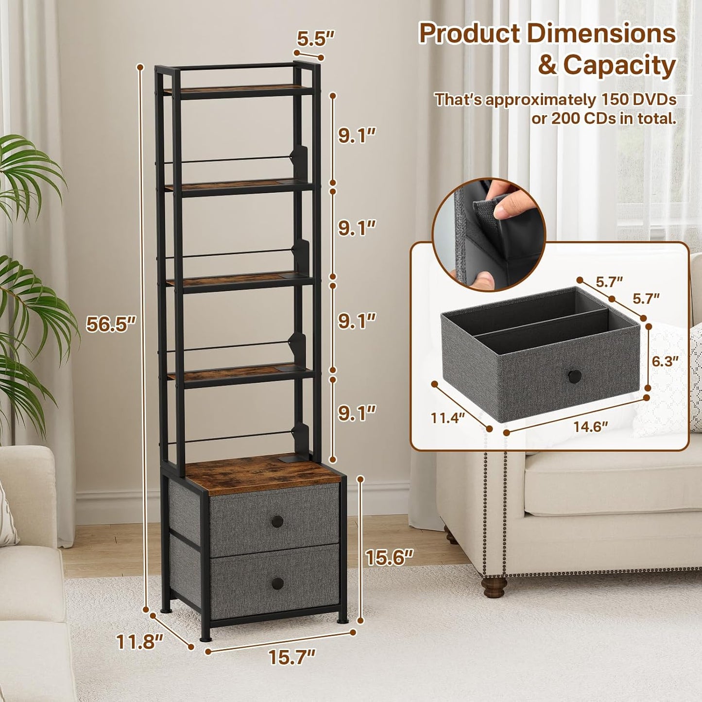 CD Storage Rack with Drawer, 5-Tier DVD Organizer Shelf w/Adjustable Book Stoppers, Media Storage Rack for CD/DVD, Books & Games, Ideal for Living Room & Home Office – 15.7x11.8x56.5Inches