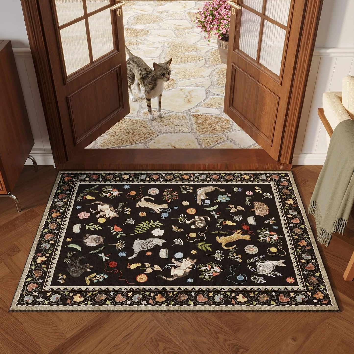 Rugcomf Door Mat Indoor Entrance 2x3 Rug Machine Washable Boho Floral Animal Cat Small Area Rug Non-Slip Low Pile Throw Rugs for Entryway Kitchen Front Door Indoor Entrance Entry Kids Room, Black