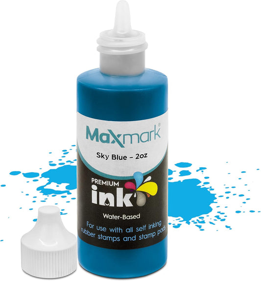 MaxMark Premium Refill Ink for self Inking Stamps and Stamp Pads, Sky Blue Color - 2 oz.