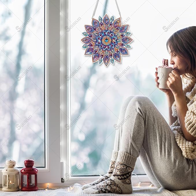 Diamond Art Painting Hanging Kit Mandala, DIY Diamond Gem Painting Ornament Pendant, Acrylic Board Gem Painting Sign Kit for Adult