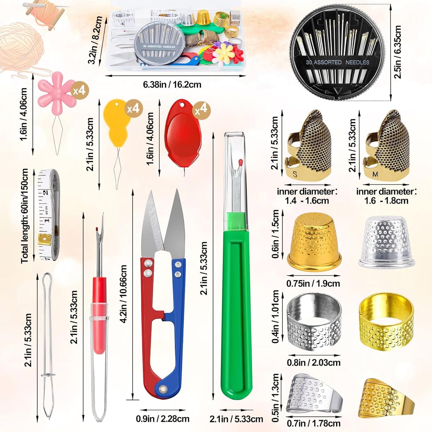 CousDUoBe Sewing Thimble Kit,thimbles for Hand Sewing，Needle threaders，Seam Rippers for Sewing，Measuring Tape and Thread Snips, Hand Embroidery Craft（Complete Sewing Kit）