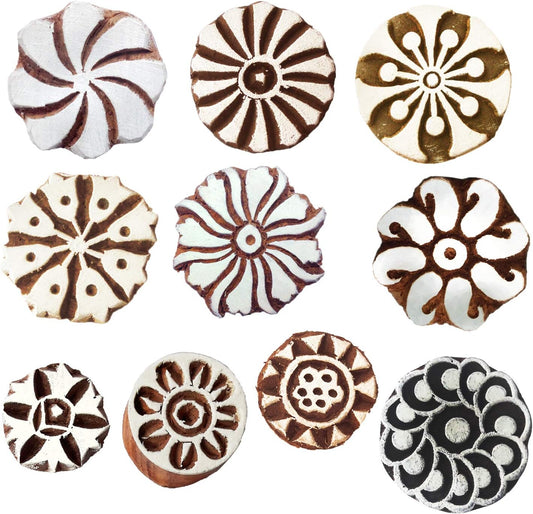 Royal Kraft Round Wooden Printing Stamps (Set of 10) - DIY Henna Fabric Textile Paper Clay Pottery Blocks Htag2165