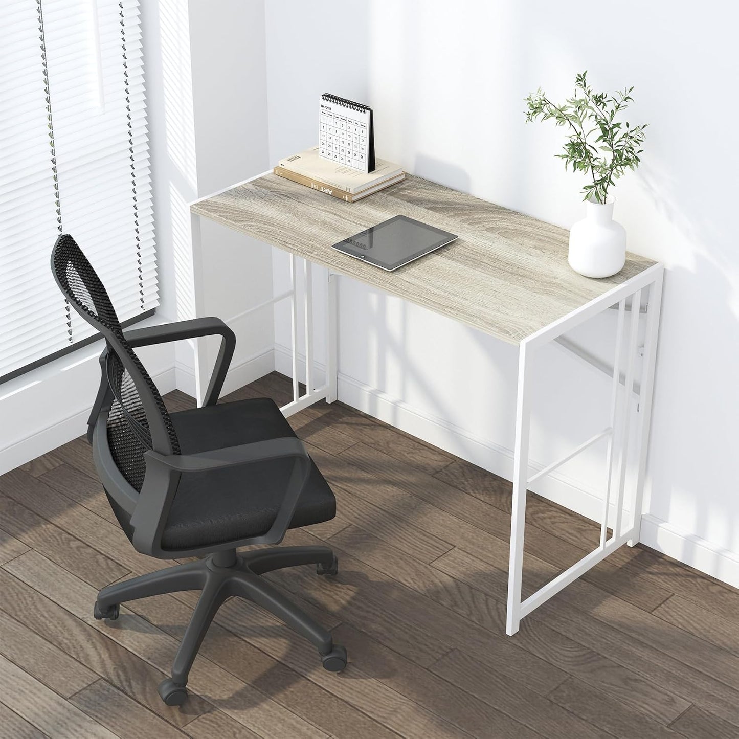 Folding Desk 40 inch Writing Gaming Computer Camping Table, No Assembly Required Home Office Desk, Beige