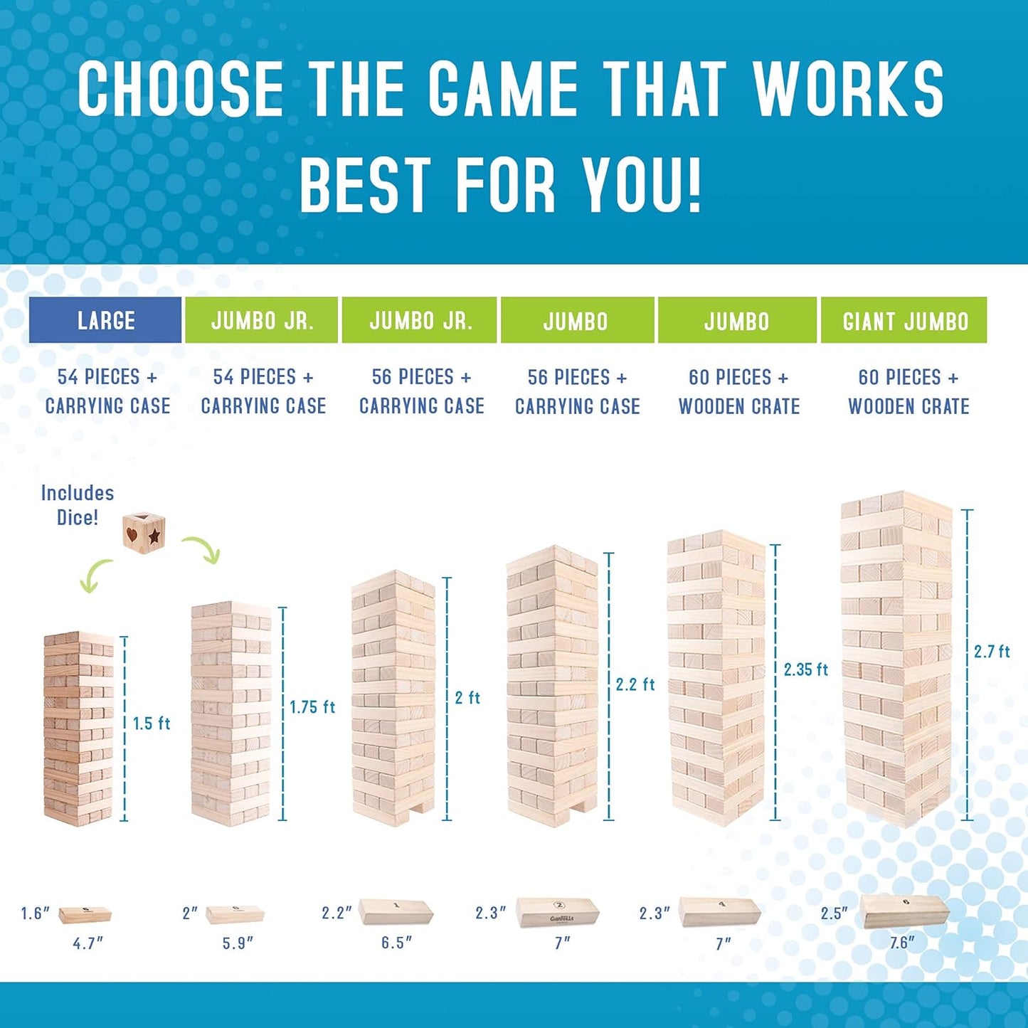 Giantville Giant Tumbling Timber Toy - Premium Pine Wood Life-Size Blocks Tower - Big Floor/Board Indoor/Outdoor Yard Game for Kids & Adults - 54-Pieces + Dice + Carry Bag - Grows to Almost 3-Feet