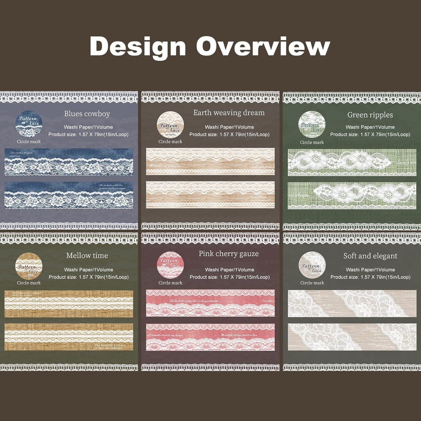 Lace Pattern Washi Tape Set, 6 Rolls Japanese Paper Decorative Stickers with 1 Clip, Lace Fabric for Scrapbooking, Journaling, Craft Supplies, 1.57in x 79in