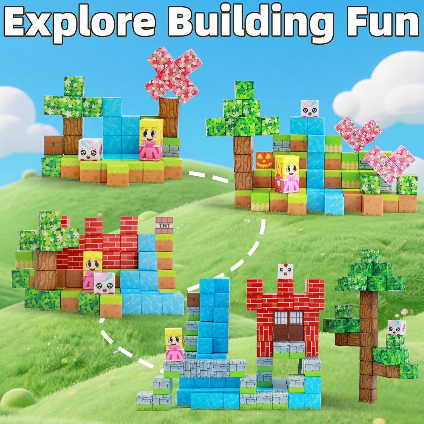 EchoPlan Magnetic Blocks, 100PCS Magnetic Building Blocks to Build a 3D World, STEM Sensory Construction Stacking Magnet Blocks Toy for Kids Ages 3+, Boys and Girls Christmas Birthday Gifts