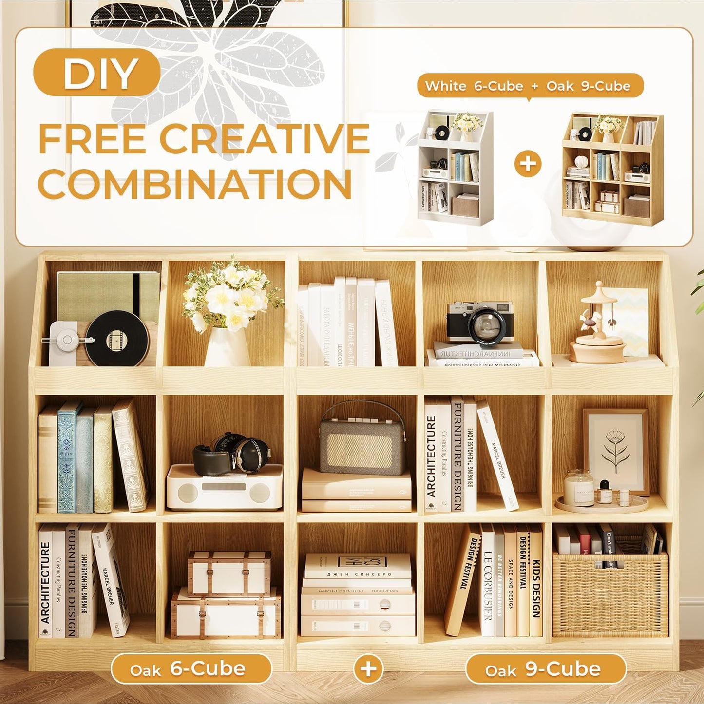 6-Cube Wooden Storage Bookcase - 11-Inch Open Shelf Cabinet, Simple Modern Bookshelf Organizer for Home Office, Living Room, Oak