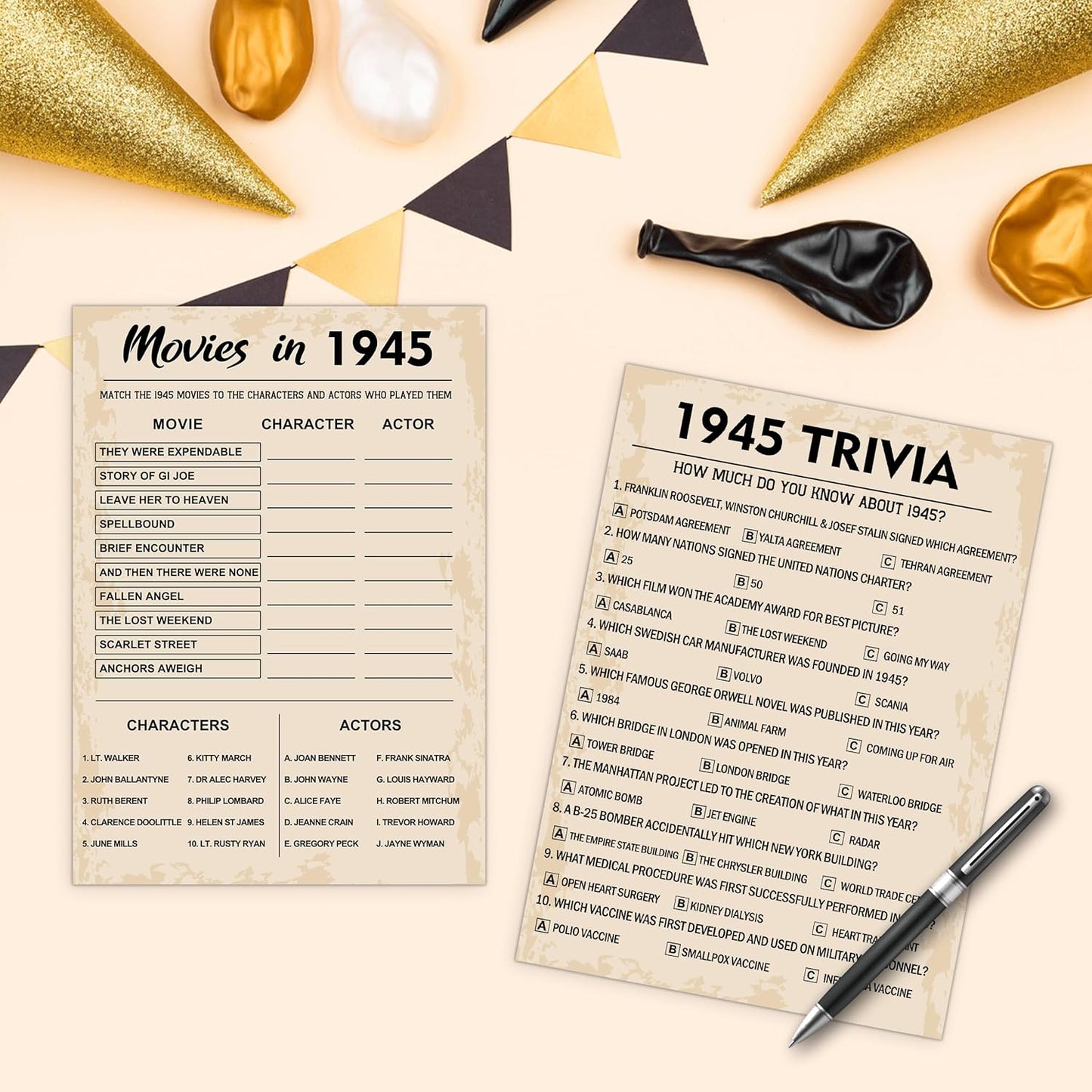 80th Birthday Party Games, Set of 3 Activities for 10 Guests, Born in 1945 Games Bundle, Birthday Party Supplies for Adults, Pack of 30 Cards