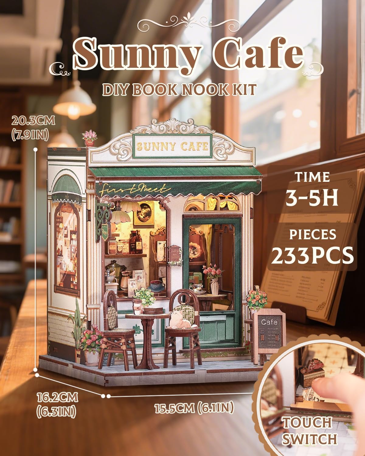 CUTEBEE Book Nook Kit - DIY Miniature House Dollhouse Kit for Adult and Teens, Booknook Bookshelf Decor Alley Model Build with LED Light, Gifts for Family and Friends (Sunny Cafe)