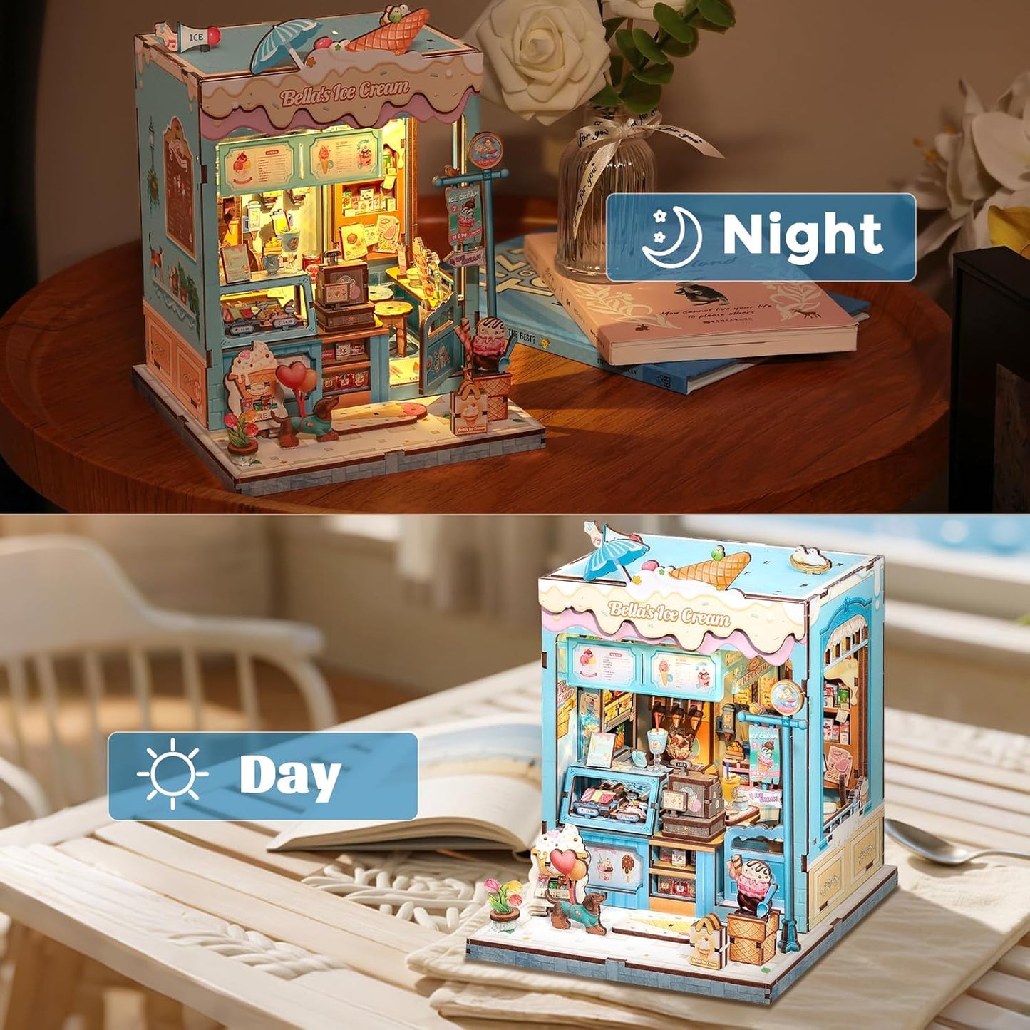 CUTEBEE Book Nook Kit - DIY Miniature House Dollhouse Kit for Adults and Teens, Booknook Tiny House Ice Cream Shop Bookshelf Decor 3D Wooden Puzzle, Gifts for Family, Friends (Bella's Ice Cream)
