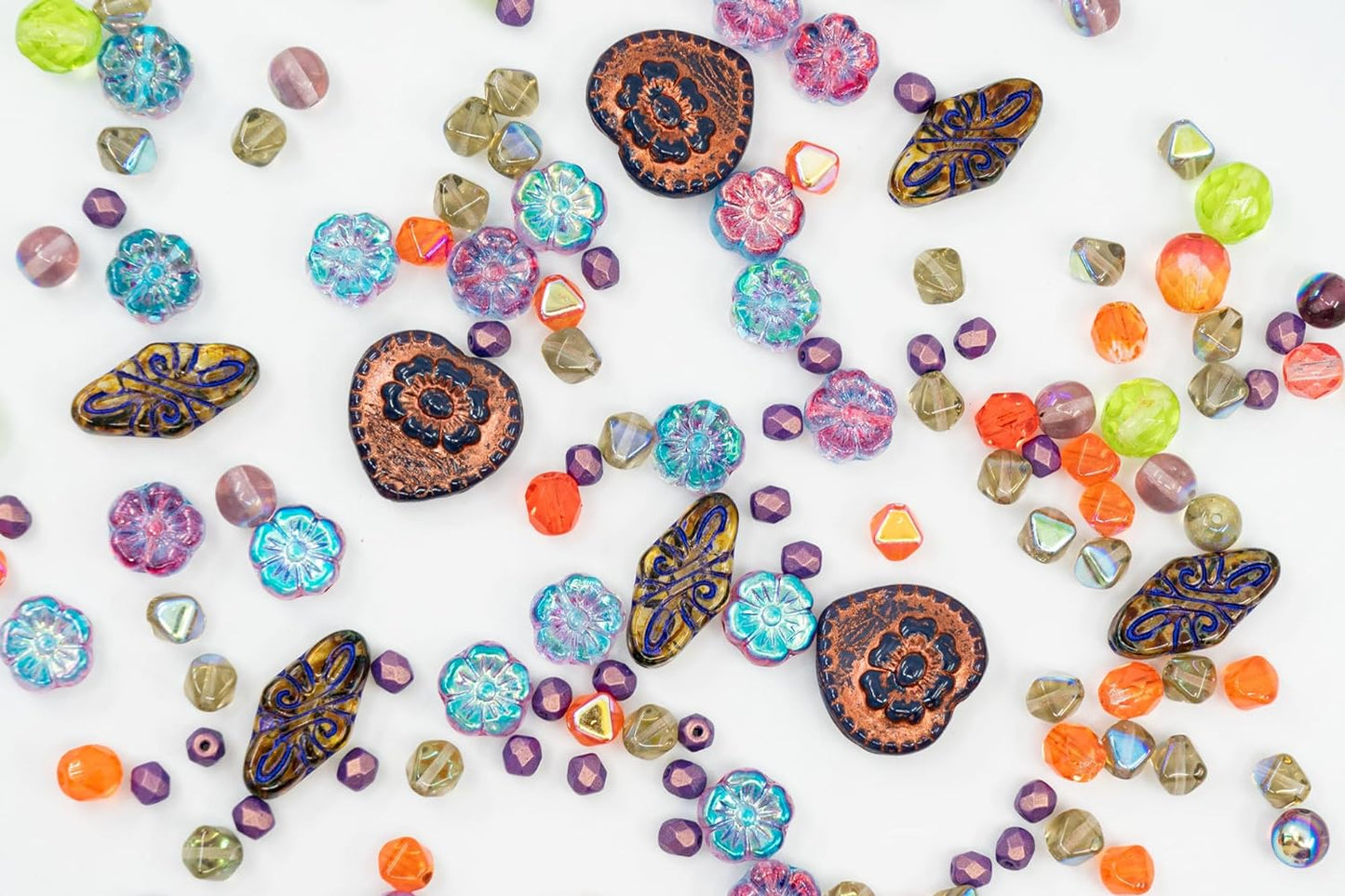 2.1oz (60 g) Mix of Unique Czech Bohemia Glass Pressed Beads, Crazy Purple Green Copper, Table Cut, Matte and Glossy, Faceted Fire Polish, Hand Made Set Kit BCV