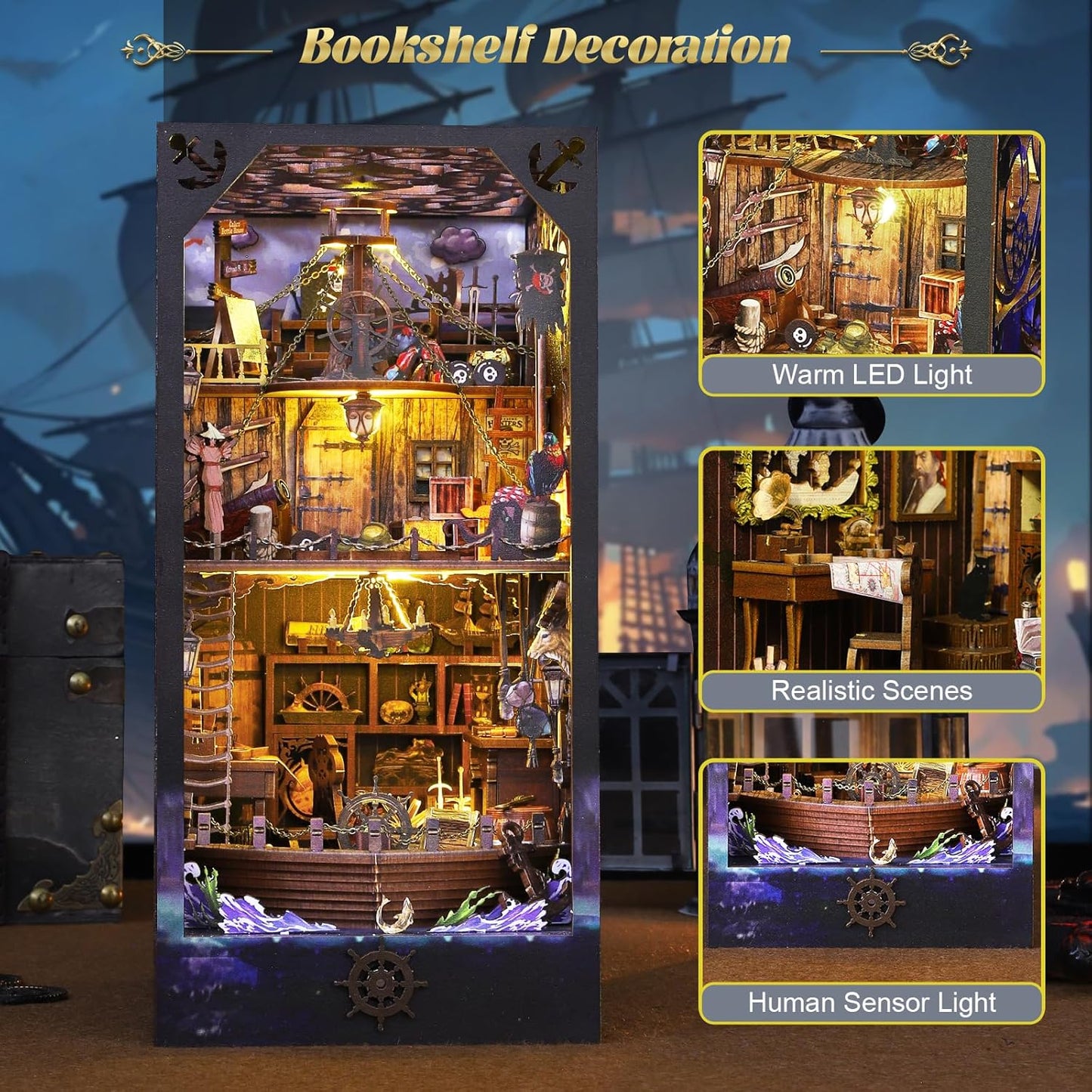 DIY Book Nook Kit Booknooks Bookshelf Insert Decor Miniature House Kits with Sensor Light 3D Puzzles Wooden Dollhouse Arts & Crafts for Adults/Teen Gifts (Aden)