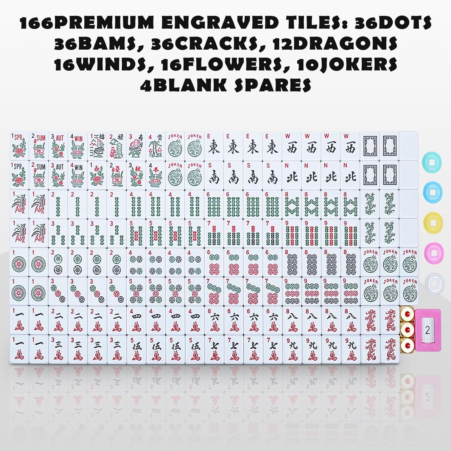 New American Mahjong Game Set, 166 Premium White Tiles with Portable Metal Dices, 4 All-in-One Racks with Pushers, Mah-Jong Games Sets, Ma Jong Tile Game (Red)