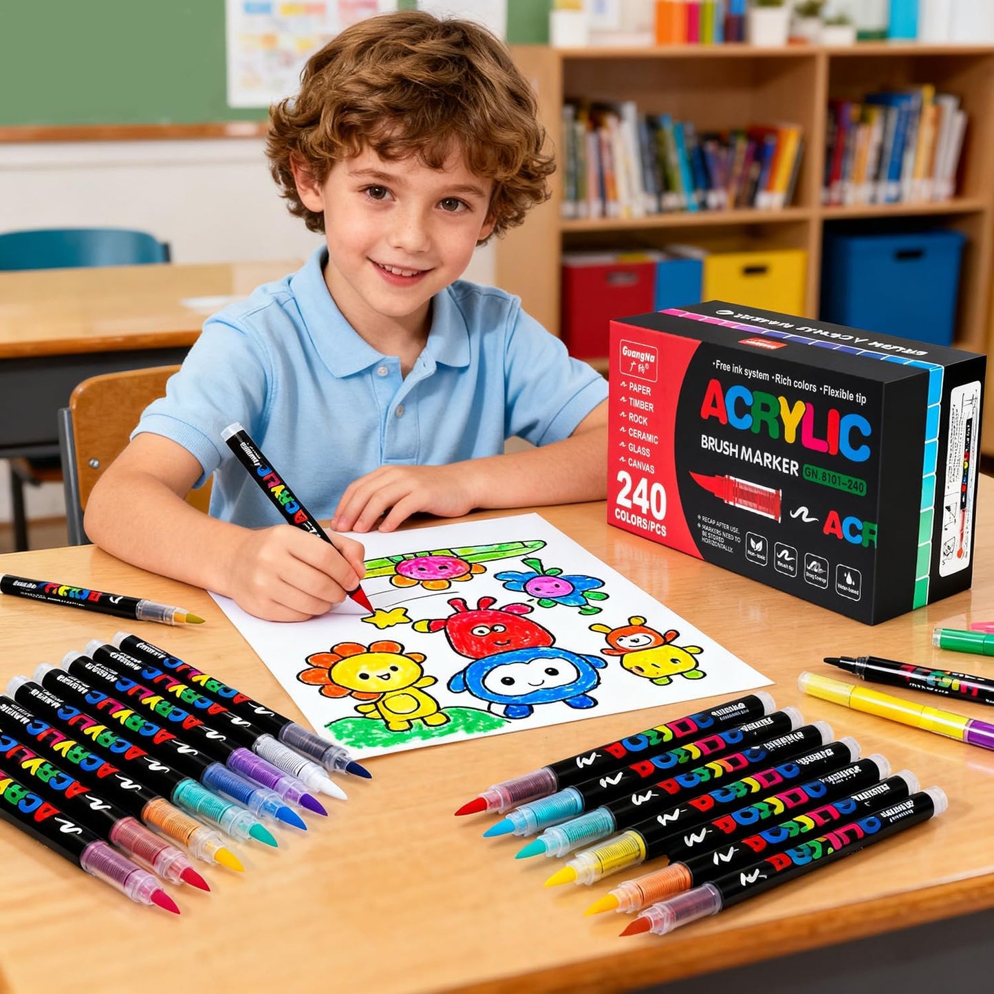 Acrylic Paint Markers Pens, 24 Vivid Colors Acrylic Markers Set,Direct Liquid Type, Stackable Color, Odorless Soft Head，Markers for School，Tooli Art ，Fabric & Creative Crafts (24)