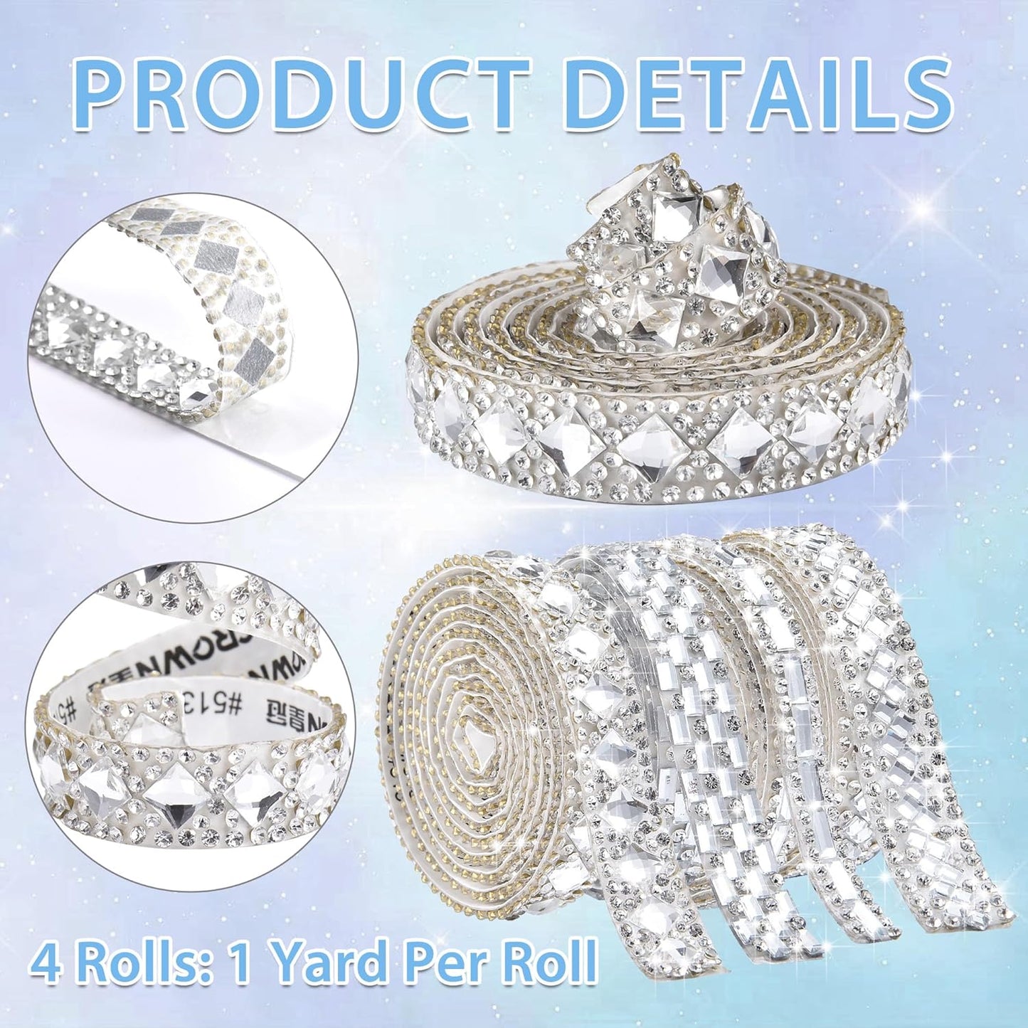 4 Rolls Bling Rhinestone Ribbon Crystal Strips, 4 Styles Self Adhesive Glass Crystal Sticker Rhinestone Tape for DIY Car&Craft Wedding Christmas Gift Decoration