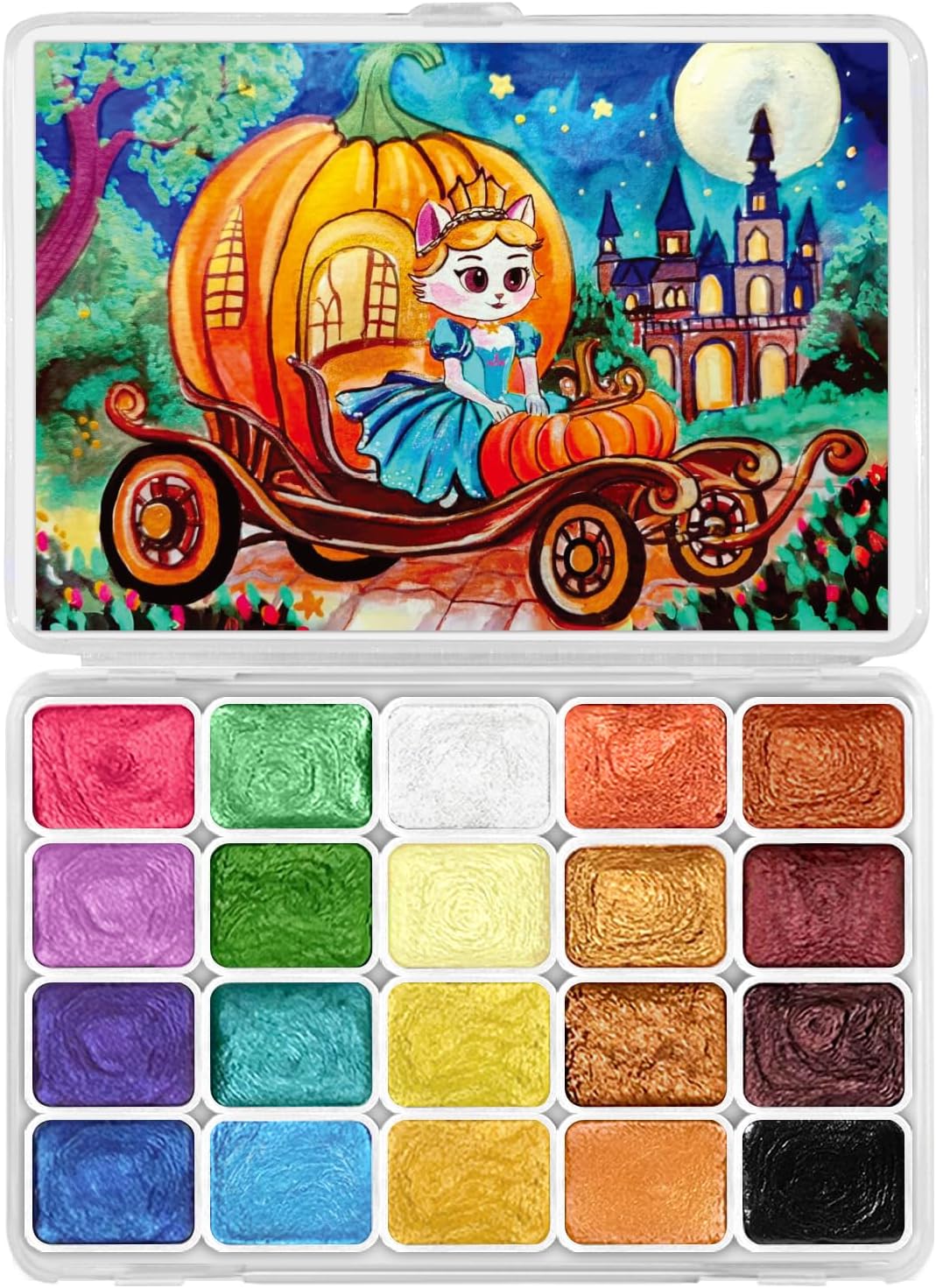 Mini Glitter Watercolor Paint Set, 20 Colors Shimmer Metallic Watercolour Painting Sets, Solid Pearl Water Color Paints for Kids, Adult, 1ml Trial Pack (Pumpkin Castle)