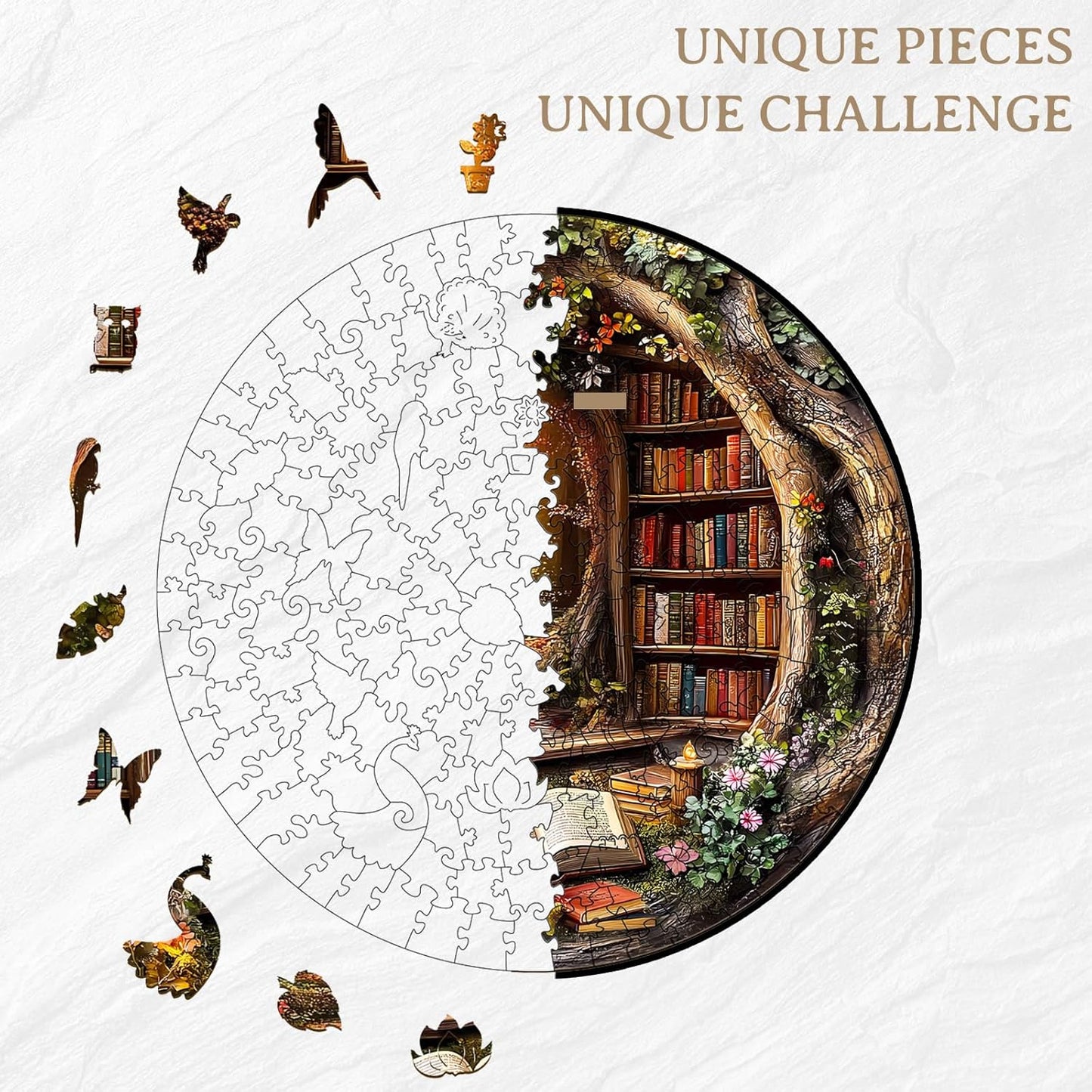 KAAYEE Wooden Puzzles for Adults, 3D Visual Effect Tree House Library Wooden Jigsaw Puzzle Unique Shape Wood Puzzle Adult, 3D Effect Flat Puzzle Birthday Family Games (L-13.4 * 13.4 in-295pcs)