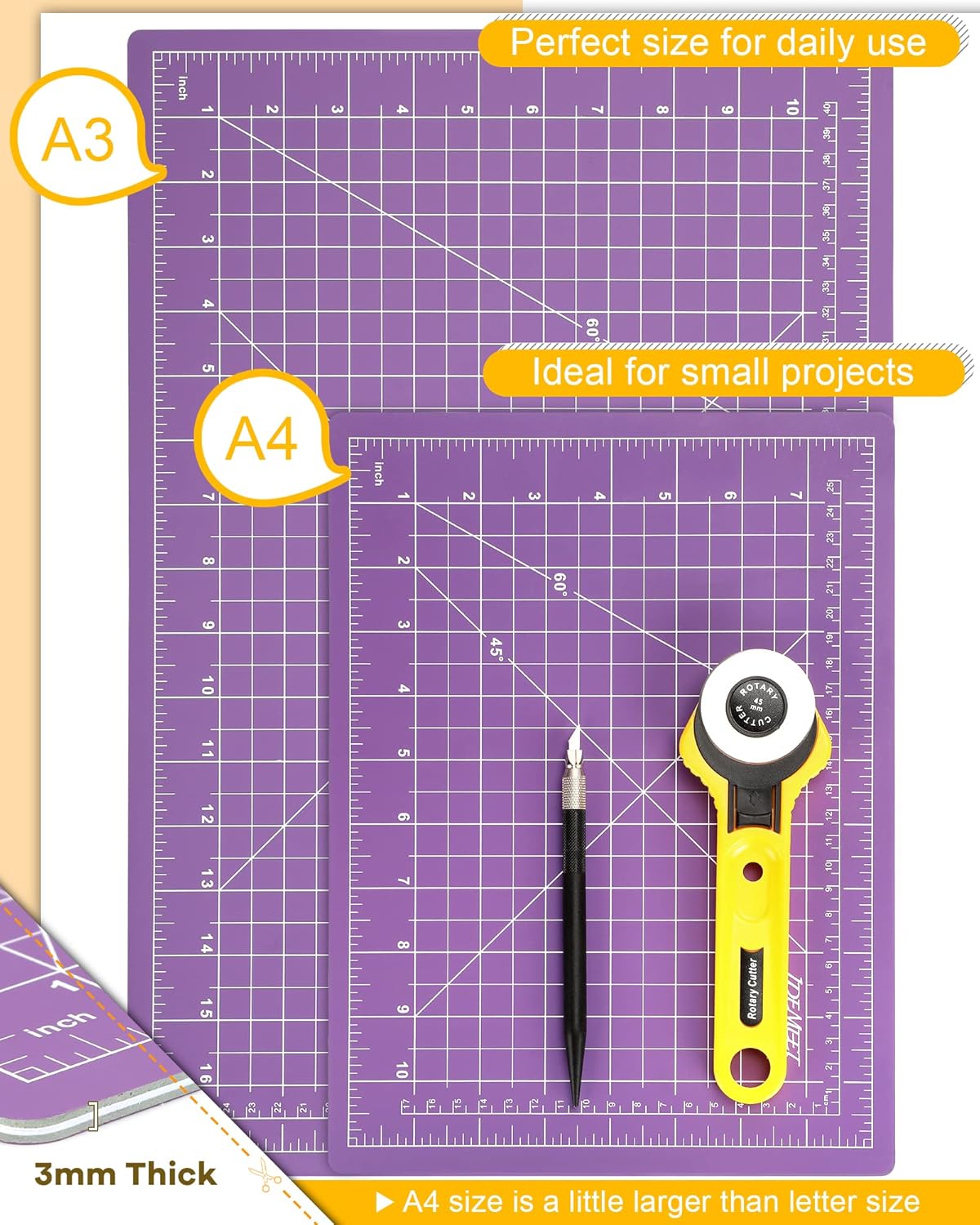 Density-upgraded 9"x12" Self Healing Cutting Mat, Idemeet Rotary Sewing Mat for Crafts, 5-Ply Blade Table Protector Cut Board for Fabric Leather Cutting Quilting Modeling Hobby Project, A4, Purple