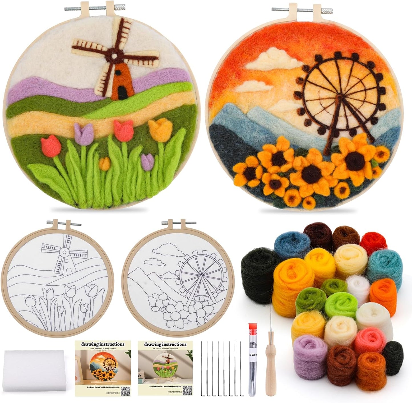 QMNNMA Needle Felting Kit for Beginners, Needle Felt Painting Kit with Picture Frame, Foam Pad, Felt Cloth, and Instructions, Flowers Wool Felting Kit Used for Home Decoration, Art Craft