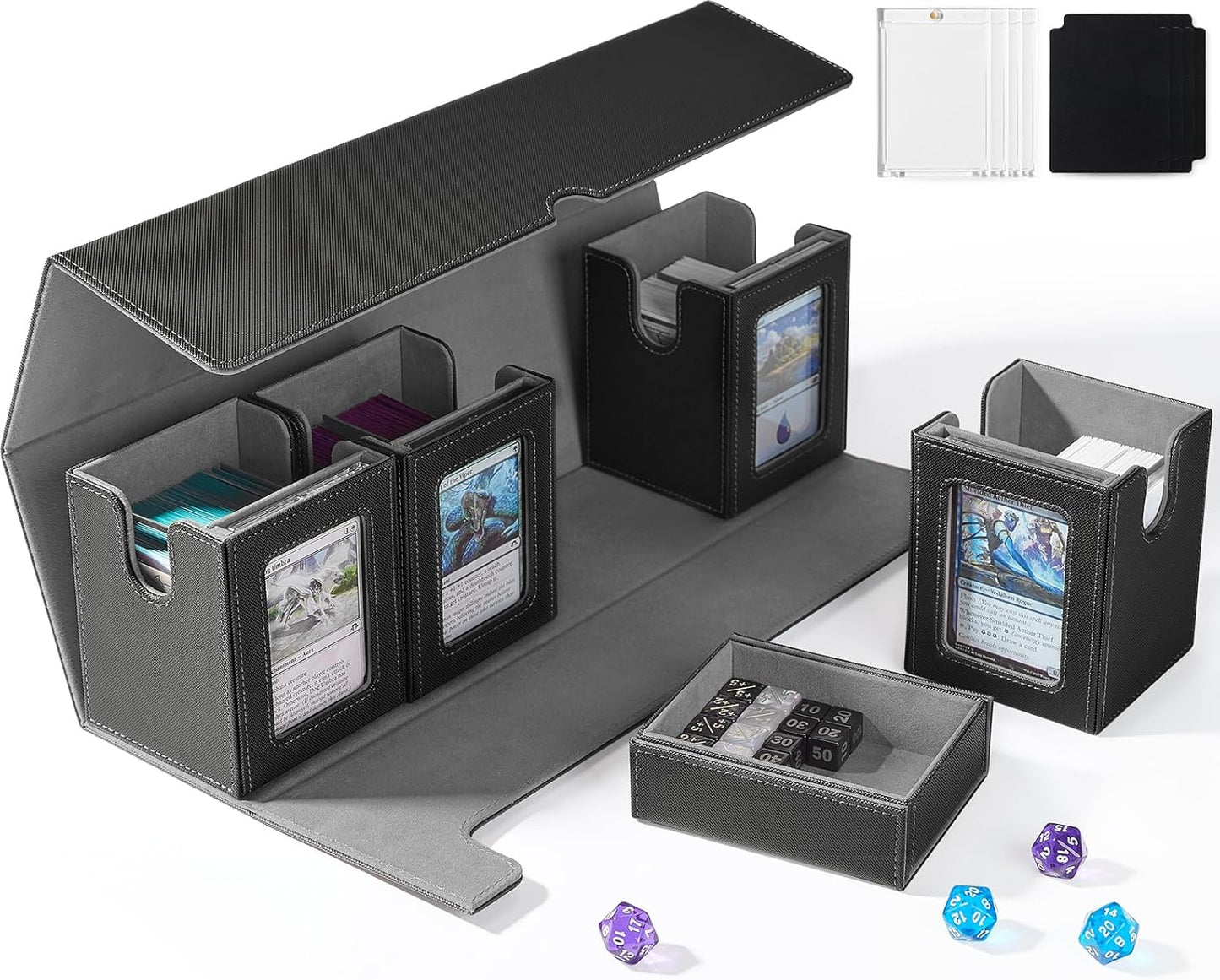 Card Deck Box for MTG with Commander Display, 5 in 1 Card Deck Case Holds 800+ Unsleeved Cards, Strong Magnet Organizer Compatible with Yugioh TCG Sports Cards (Black&Grey)