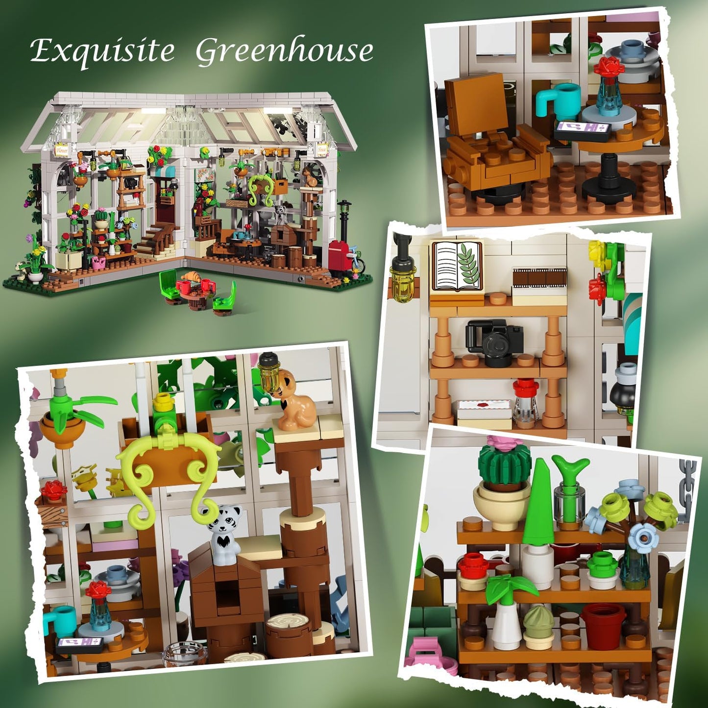 HOGOKIDS Flower House Building Set with LED Light - 1332 PCS Garden House Buiding Toy with Flowers Potted Plants Parrot Cat Animals Playset Greenhouse Model Xmas Gift for Adults Teens Girls Ages 8+