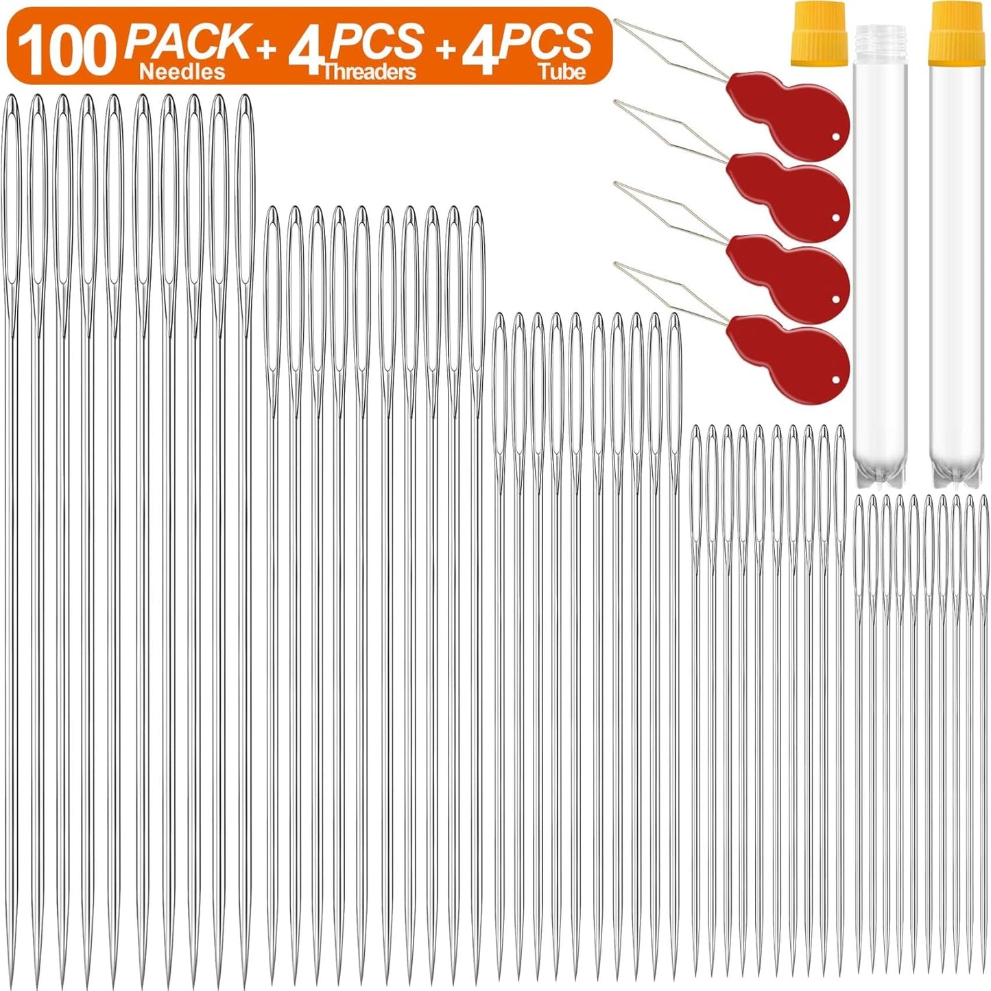 100 Pack Premium Large Eye Needles for Hand Sewing with Needle Threaders, Assorted Sizes, Embroidery Needles for Hand Sewing, Sewing Needles Large Eye, Big Eye Needle
