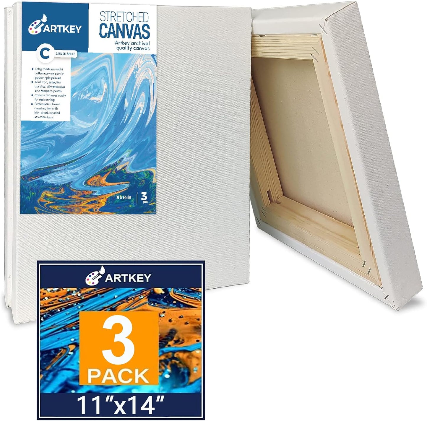 Gallery Wrapped Stretched Canvases for Painting 11x14 Inch 3-Pack, 16 oz Triple Primed Acid-Free 100% Cotton Blank Canvas, Rectangular Spline Canvas for Oil Paint Acrylics Pouring & Wet Art Media