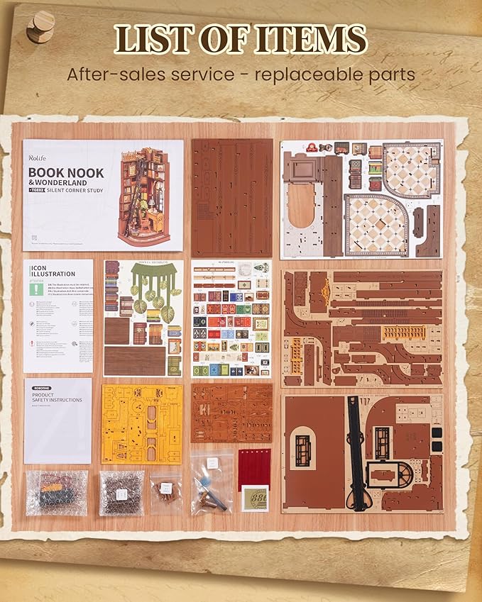 Rolife DIY Book Nook Kits for Adults, Miniature Dollhouse Booknook Kit, 3D Wooden Puzzle Creative Decorative Bookends Bookshelf Diorama Insert Crafts Hobbies Gifts (Silent Corner Study)