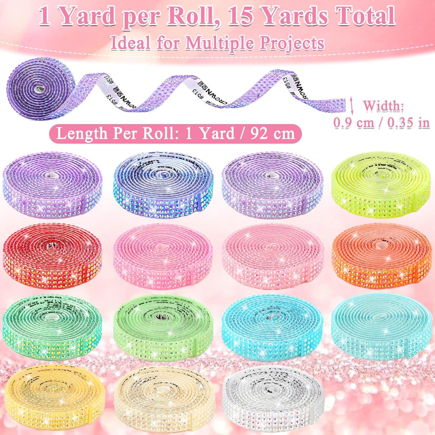 15 Yards Self Adhesive Rhinestone Strips, Rhinestone Ribbons Self Adhesive, Diamond Crystal Bedazzling Strips Glitter Bling Rhinestones Tape Stickers for Crafts, Fabric, Car, Shoes, Décor