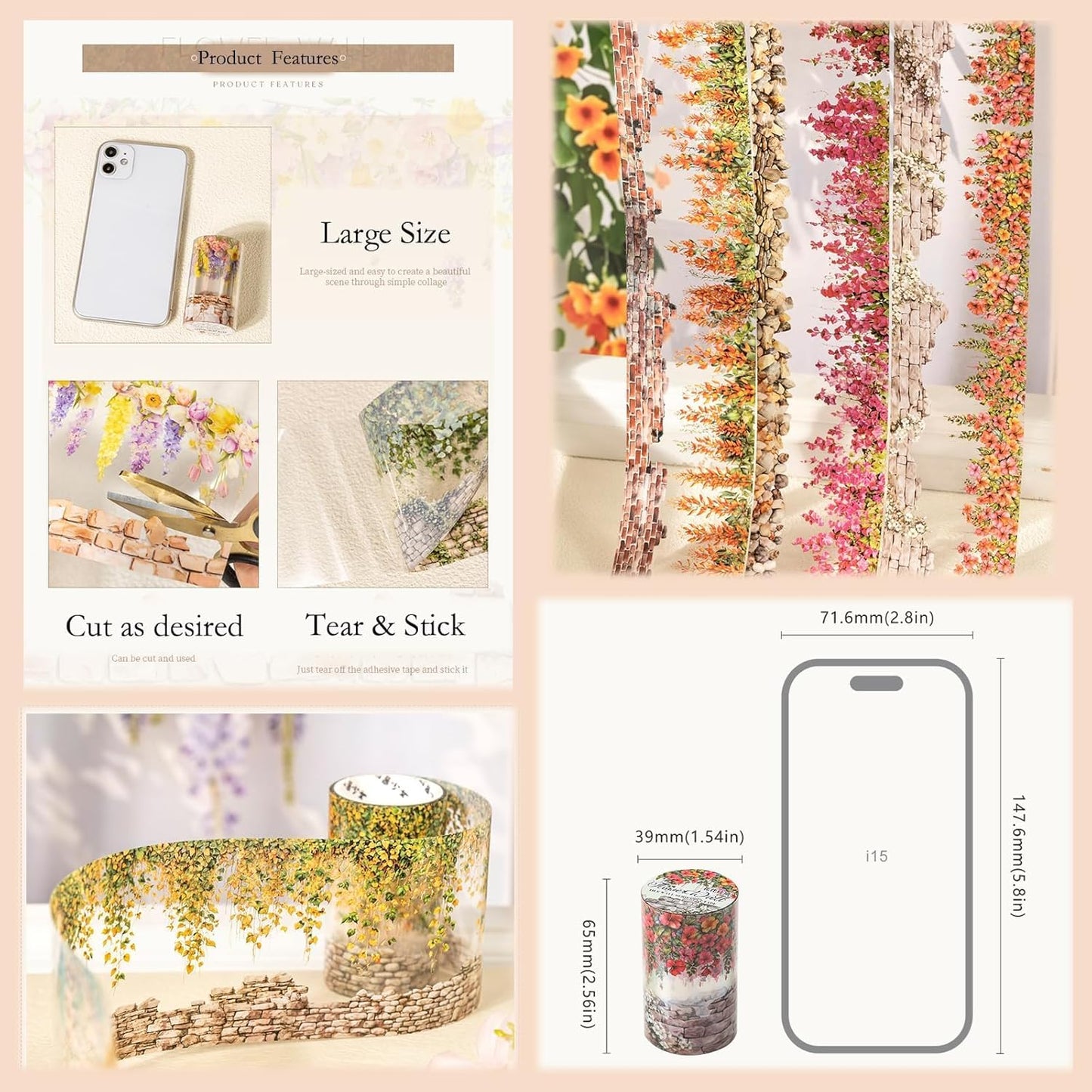 Flower Tape Stickers for Scrapbooking Supplies,6 Rolls PET Tape Stickers Set,Waterproof Washi Tape for Junk Journal,Journaling Supplies,DIY Craft(Floral Wa