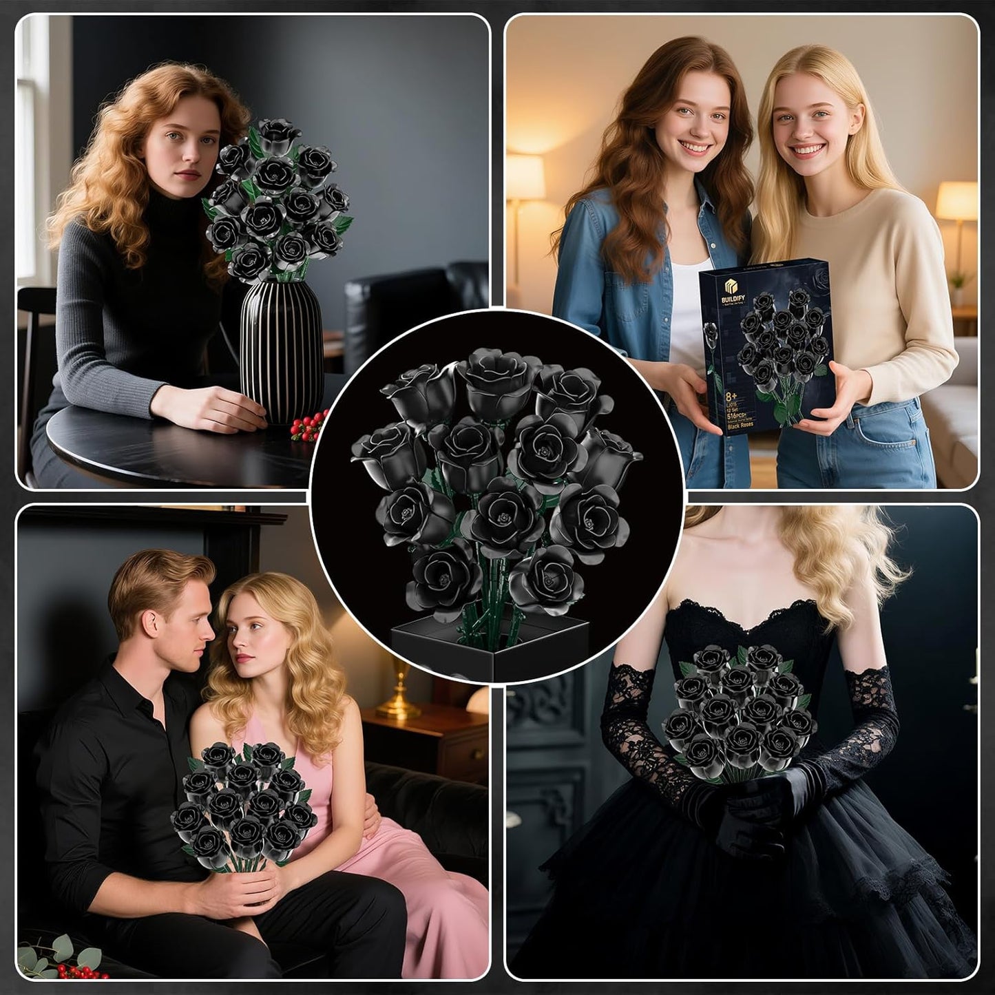 Black Rose Bouquet Building Blocks, Artificial Roses Flowers Botanical Collection Building Set, Gothic Home Decor, Christmas Halloween Birthday Present for Adults Kids Lover