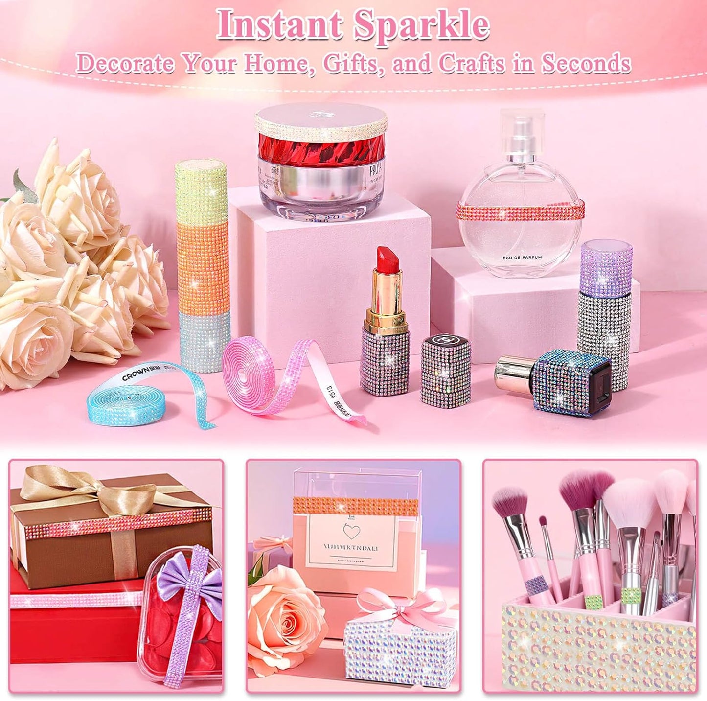 15 Yards Self Adhesive Rhinestone Strips, Rhinestone Ribbons Self Adhesive, Diamond Crystal Bedazzling Strips Glitter Bling Rhinestones Tape Stickers for Crafts, Fabric, Car, Shoes, Décor