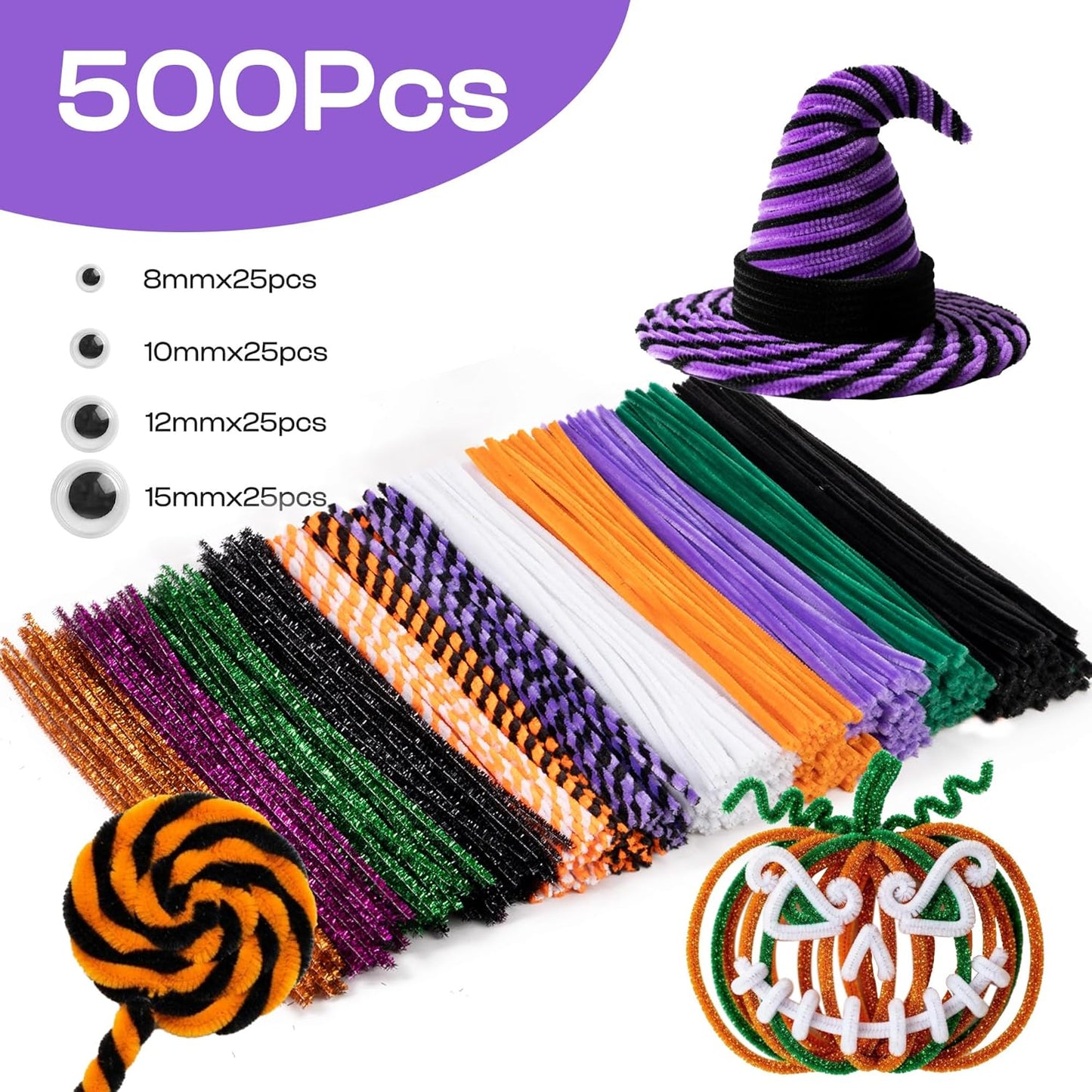 Caydo 500 Pieces Halloween Twist Pipe Cleaners with 100pcs Eyes, Chenille Stems, Pipe Cleaner Crafts for DIY Art and Craft Projects Creative Gift Party Decorations