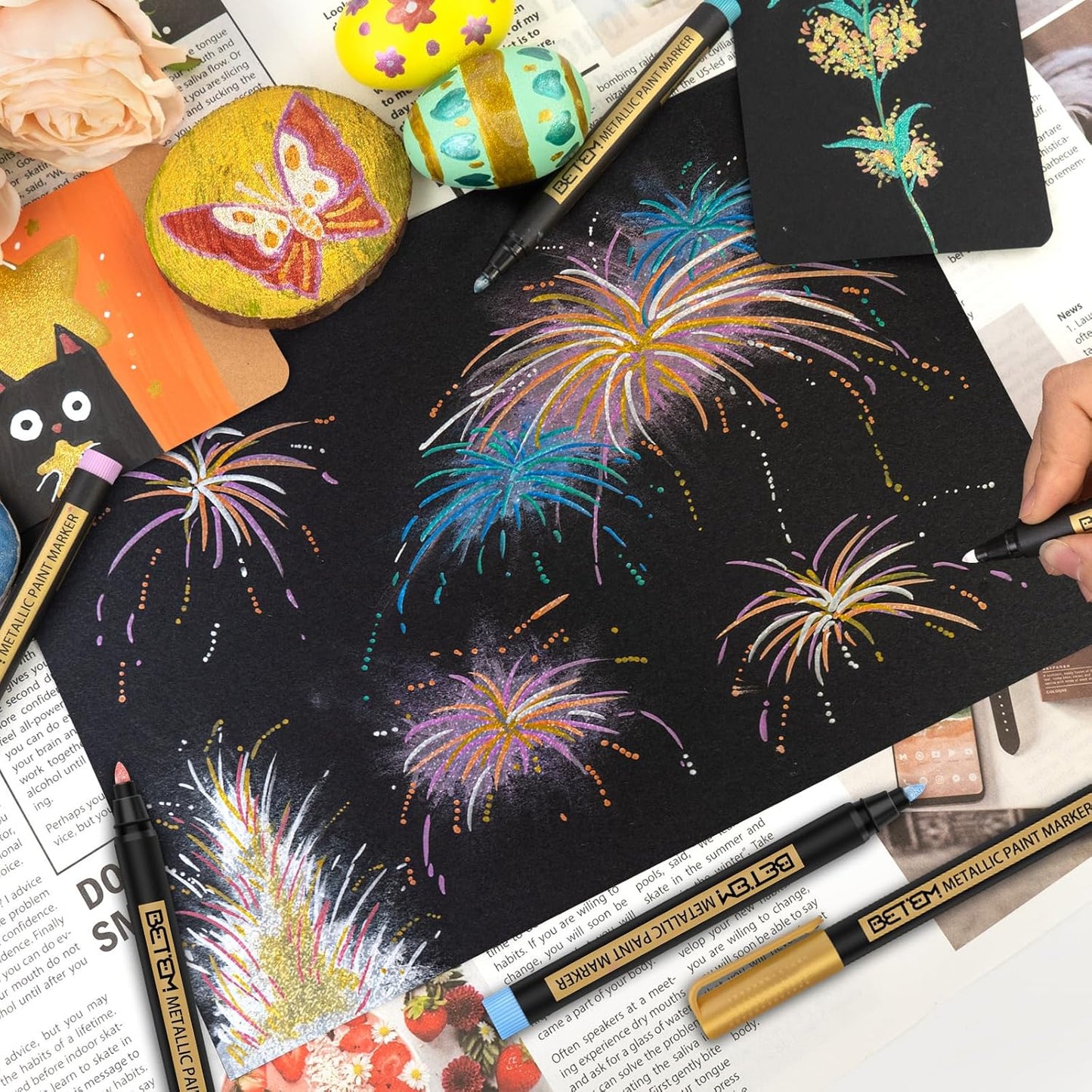 Betem Metallic Paint Markers, 10 Colors Acrylic Paint Markers for Black Paper, 2mm Medium Tips Metallic Glitter Pens Scrapbooking Supplies, Pumpkin Painting Kit for Rock Painting, Cards, Photo Albums