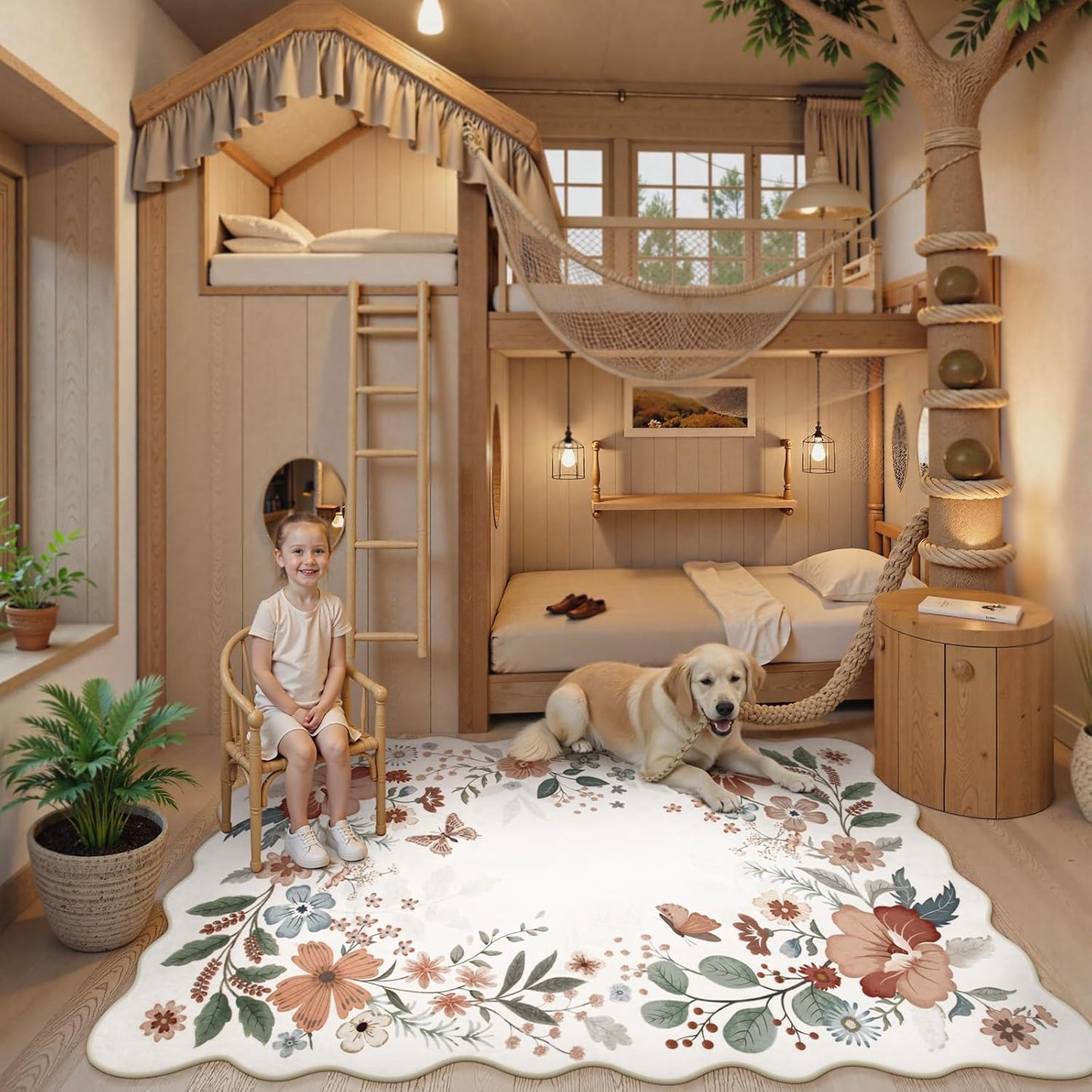 Beeiva Living Room Area Rug 6 x 9 - Scalloped Floral Printed Boho Flower Rugs for Bedroom Playroom Soft Non Slip Large Aesthetic Carpet for Nursery Dorm Office(Beige,6x9ft)