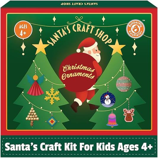 Butterfly EduFields Santa’s Craft Shop Christmas Activity Kit | Holiday Arts & Crafts Set for Kids Ages 4+ | Make 20+ Ornaments with Wood Painting, Bead Crafts & Gem Art | DIY Christmas Decoration Kit