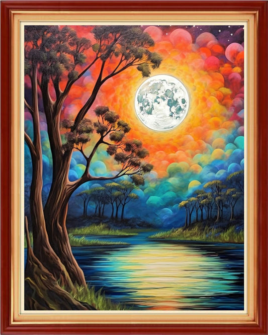 Foxdiviy Stamped Cross Stitch Kits for Beginners Full Range of Cross Stitching 11 CT Printed Cross Stitch Kits for Kids Adults Cross Stitch Patterns Needlepoint Kits-Night Moon Scenery 16x20 inch