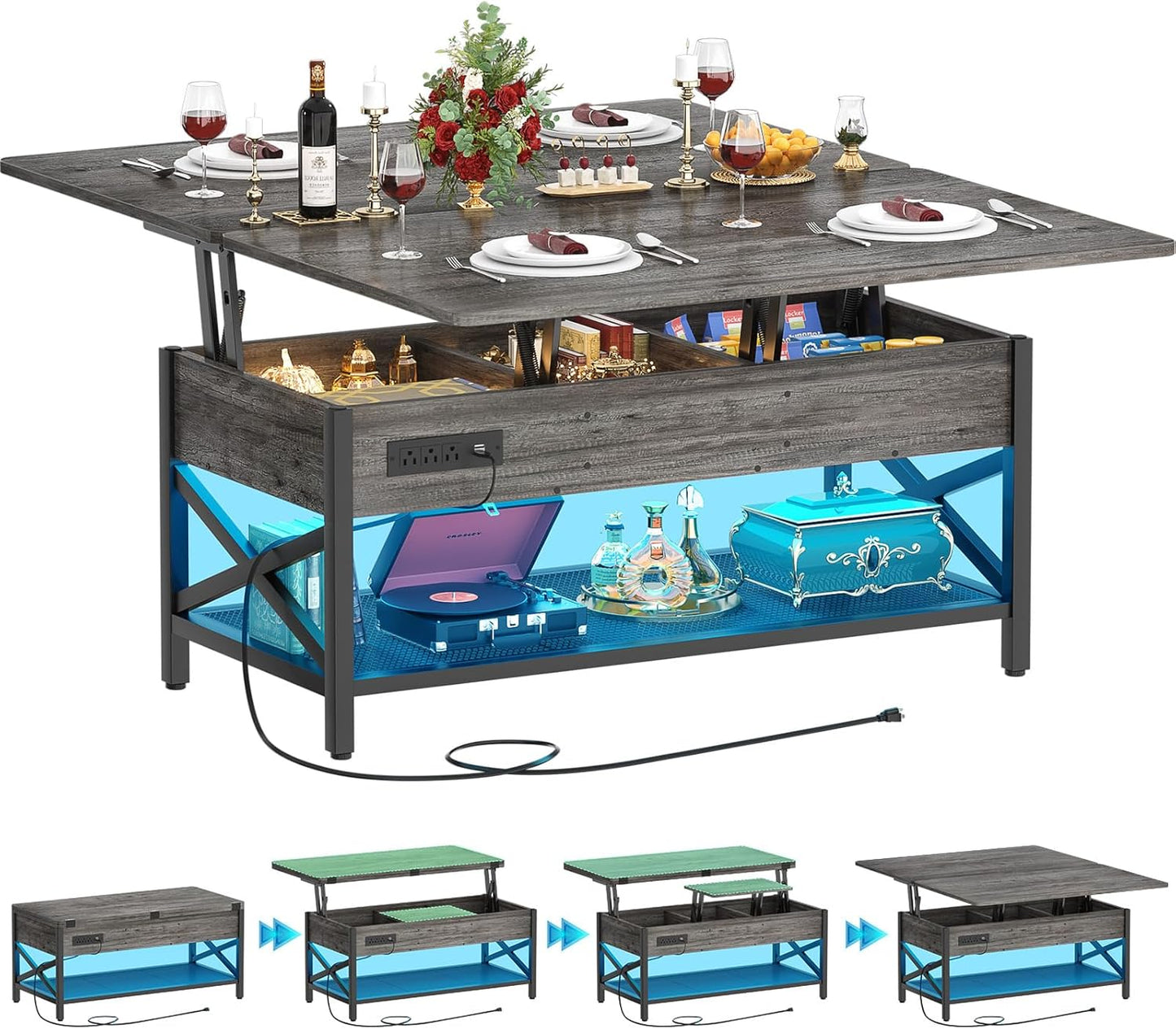 Aheaplus Coffee Table Lift Top Multi-Function Coffee Table Converts to Dining Table, with LED Light and Power Outlet, Center Table with Shelves for Living Room Reception Home Office, Black Oak