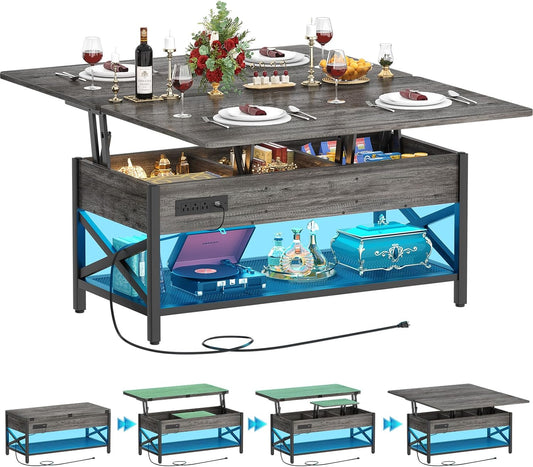 Aheaplus Coffee Table Lift Top Multi-Function Coffee Table Converts to Dining Table, with LED Light and Power Outlet, Center Table with Shelves for Living Room Reception Home Office, Black Oak