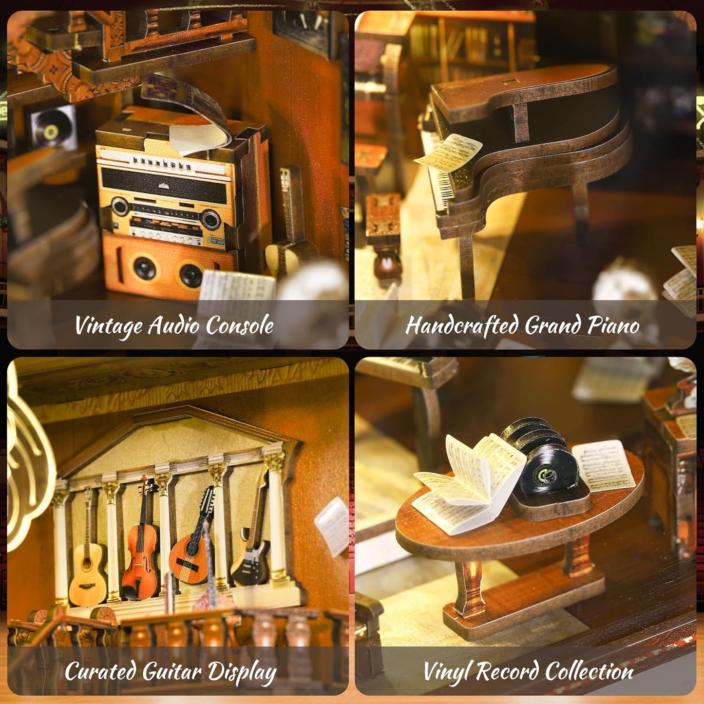 Book Nook Music Kit - DIY Miniature Dollhouse with LED Lights for Adults & Teens, Maestro's Study 3D Wooden Bookshelf Decor, for Family & Friends