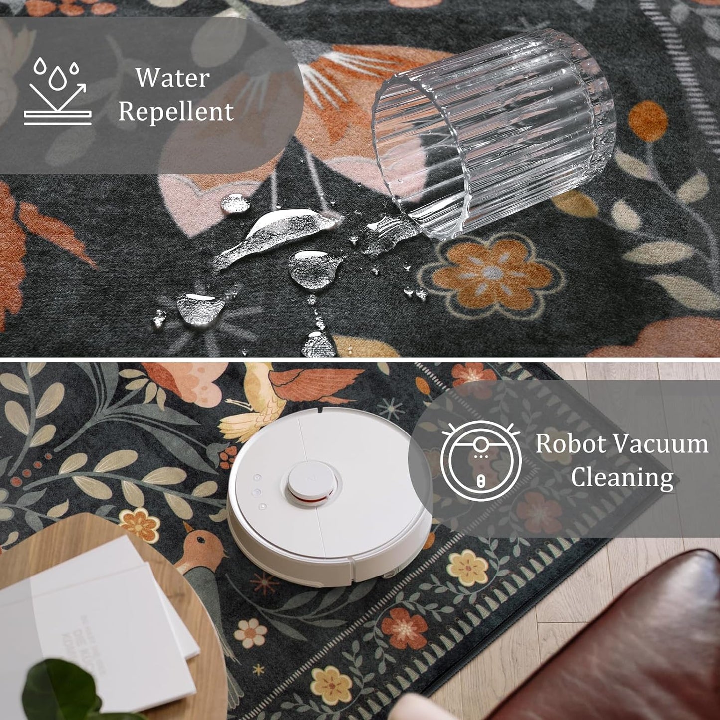 Morebes Washable 9x12 Area Rugs for Living Room, Large Bird Floral Dining Room Rug Non Slip, Ultra-Thin Boho Insect Distressed Soft Carpet for Kids Bedroom Office Decor, Black/Muliti