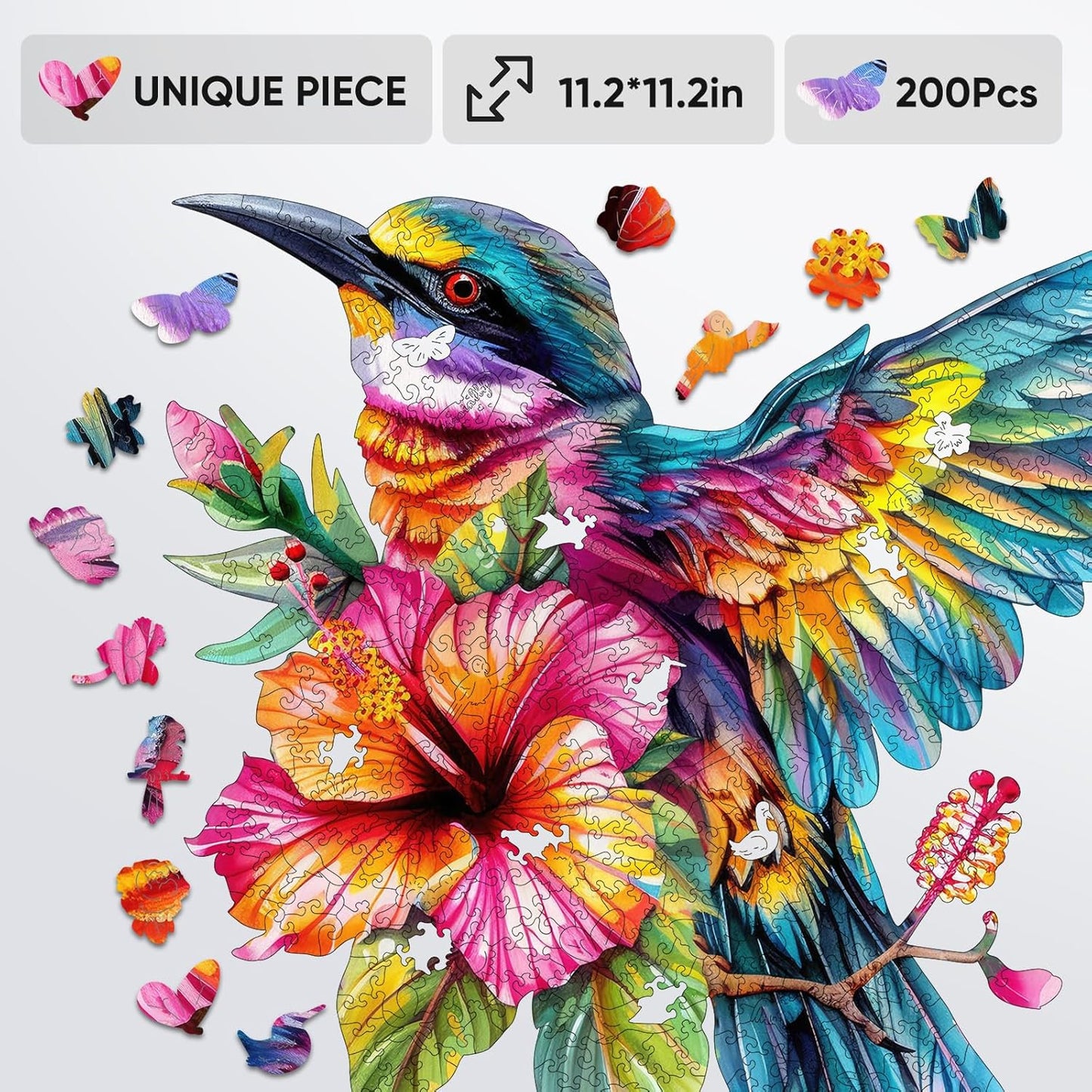 Wooden Puzzle for Adults, Hummingbird Jigsaw Puzzles 200 Piece, Unique Shapes Family Reunion Puzzle for Adults and Kids, Beautiful Package, Best Gift for Family Friends Medium 11.4x11in