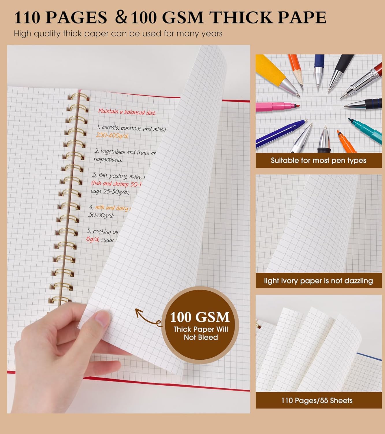 Graph Paper Notebook, Spiral Notebook Journal 8.5” x 11”, A4 Large Grid Notebooks for Women Men, 100 GSM Graph Paper, Plastic Hardcover Spiral Graphing Journals for Work School Engineerin, Red