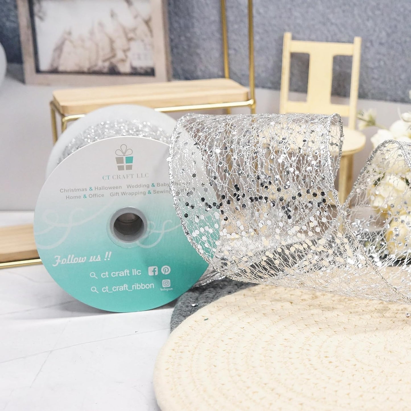 CT CRAFT LLC Sparkling Glitter Mesh Wired Ribbon 2.5" x 10 Yards Silver for Christmas Home Decor Bow Gift Wrapping DIY Crafts Wreath