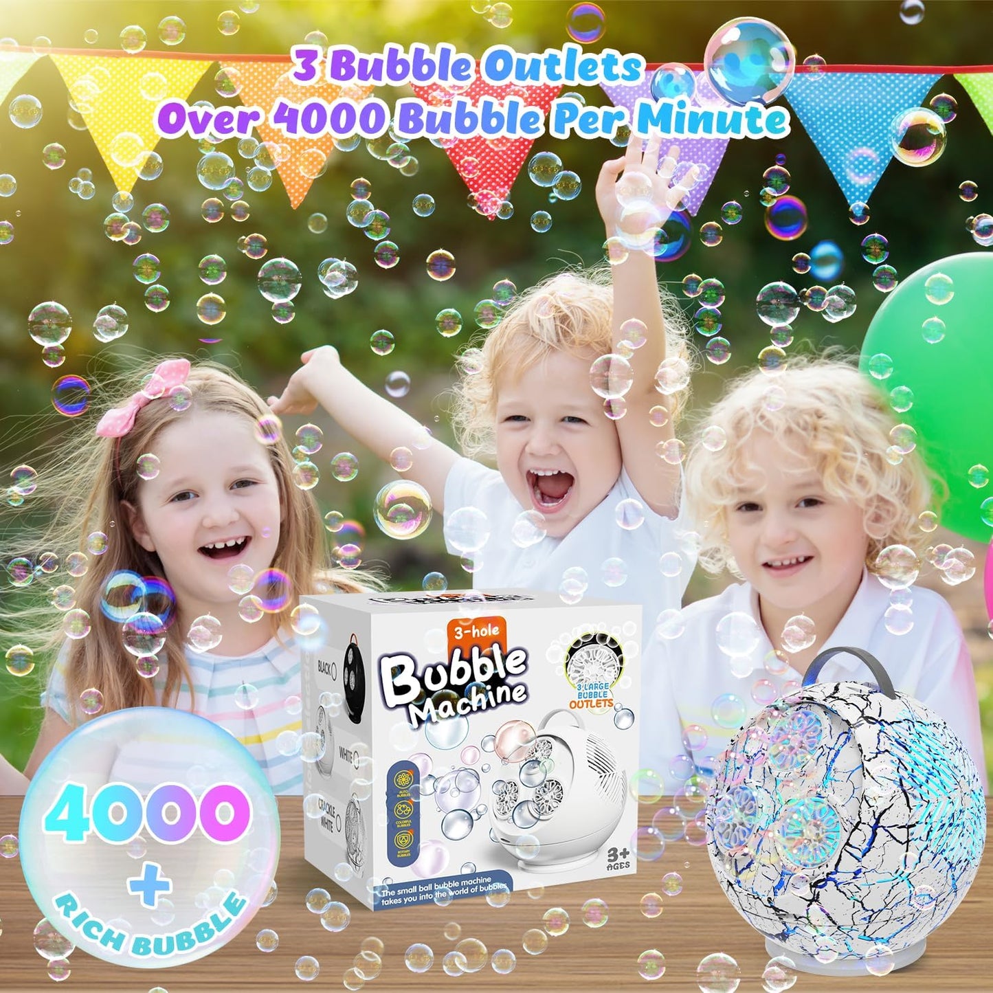 Bubble Machine for Kids Toddlers,45°/360° Rotatable Spherical Bubble Maker Toy with LED Light,Rechargeable Bubble Blower for 3 4 5 Year Old,Wedding Party Easter Birthday Gifts -Spherical White Crack