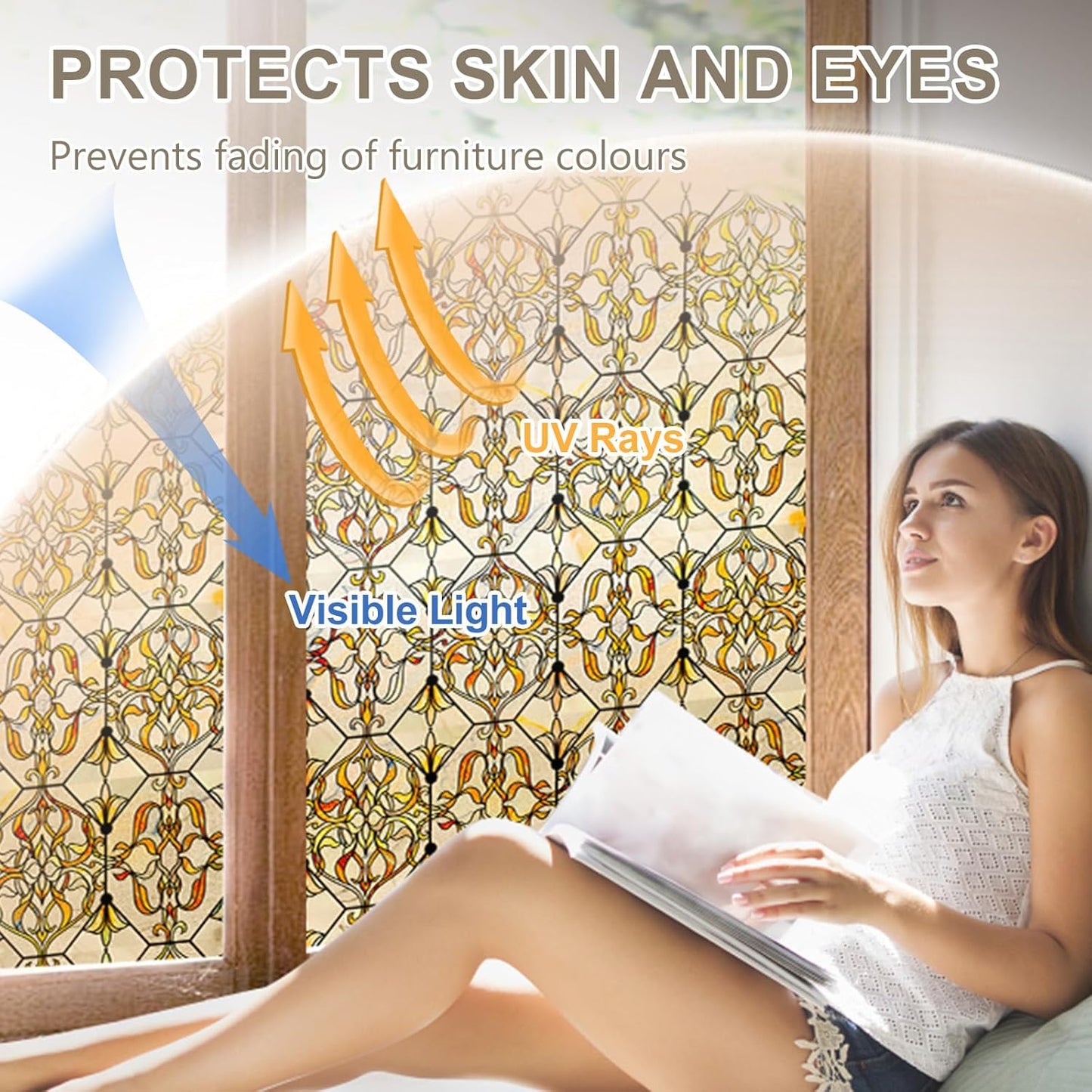 3D Stained Glass Window Privacy Film, Heat Control UV Blocking Static Cling Decorative Window Film for Bathroom,Front Door,Home Non Adhesive 16.9 x 39.3 inches Golden Filigree