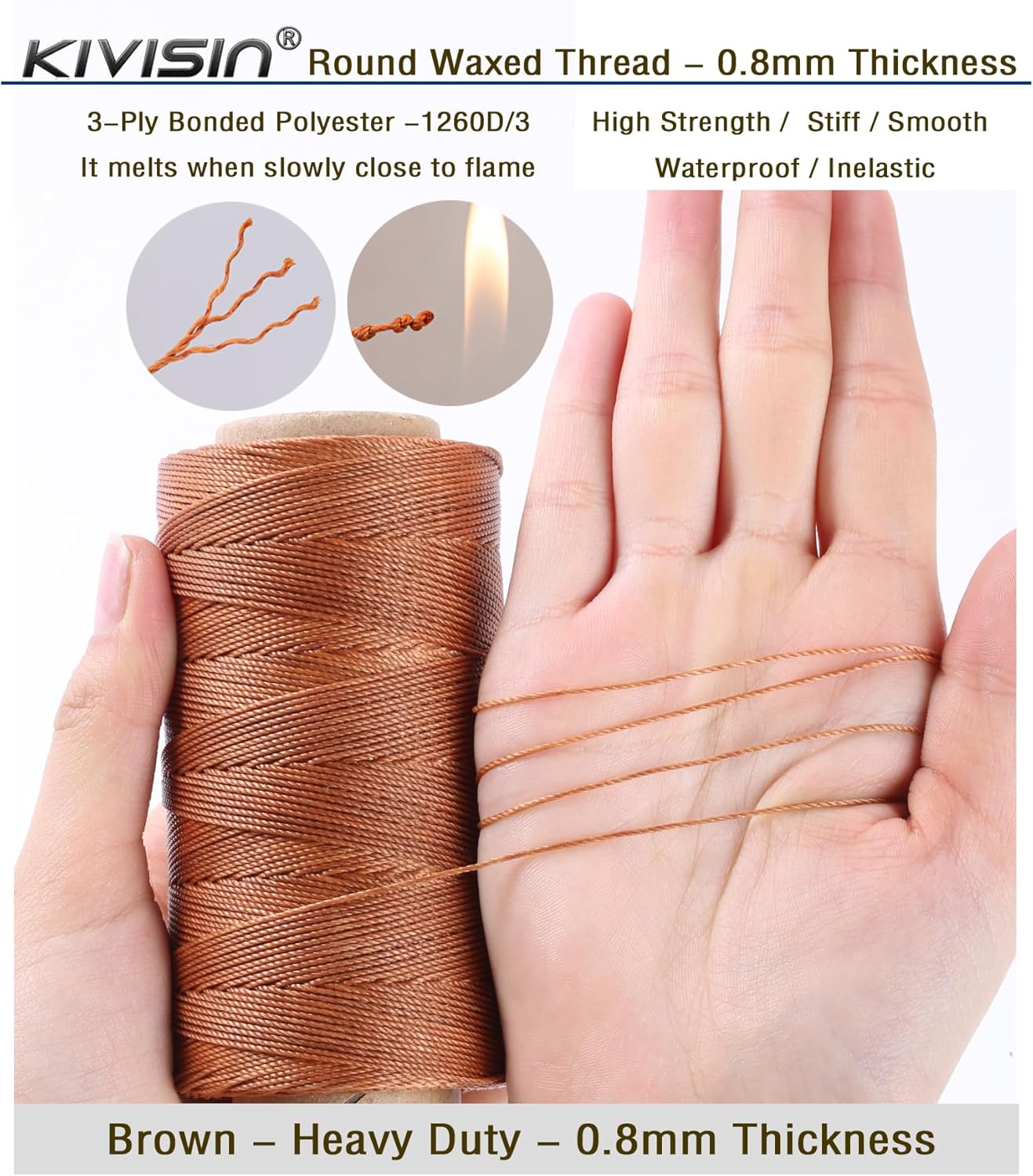 Bonded 0.8mm Round Waxed Polyester Cord, 3-ply Wax Coated Thread, 197 Yards Stiff String for Heavy Duty Fabric, Leather Sewing, Book Binding, Upholstery Repair, and Macrame Jewelry - Brown